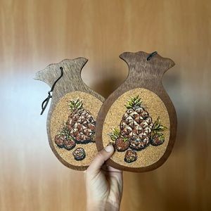 Vintage Pineapple and Strawberry Cork/Wood Trivets - Set of 2